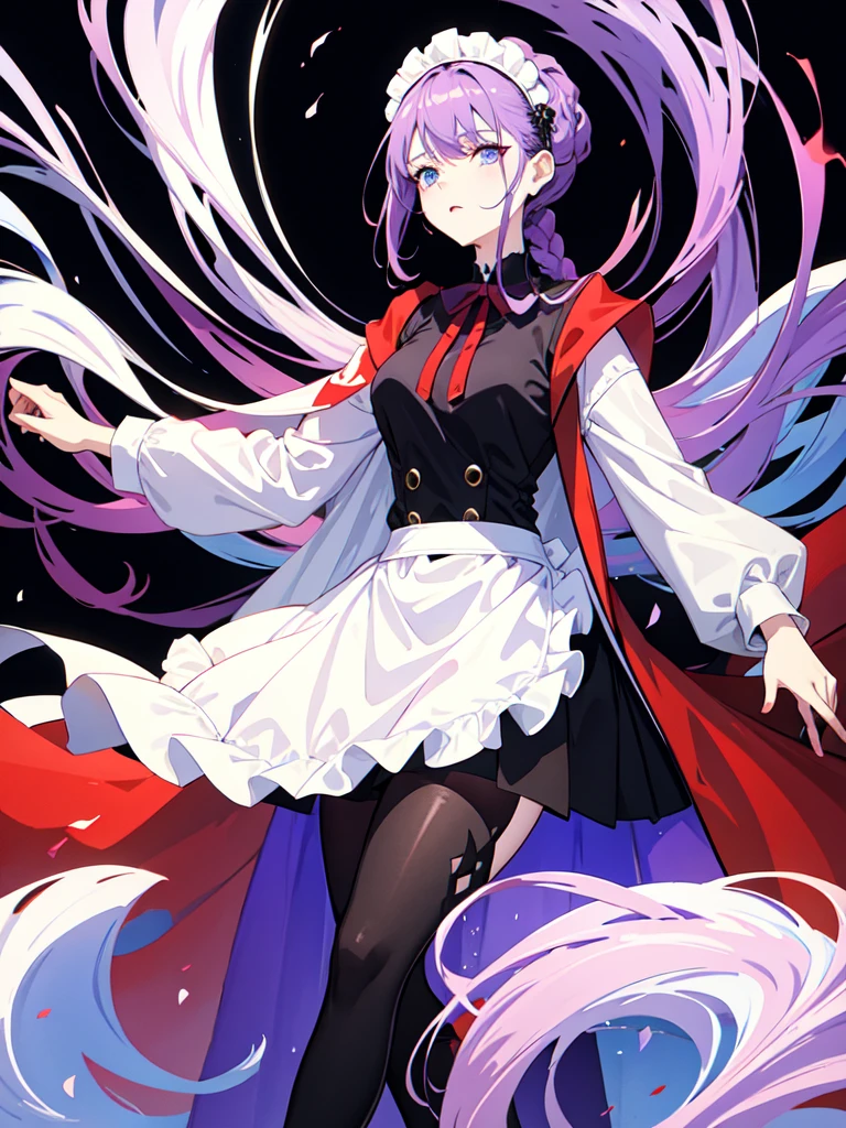 Dressed in maid uniform ,　Mature face,tall, Wearing black tights,Blue Eyes,Updo, Braided Hair,　 The skin is hidden　and gradient hair, (Ink blotches:1.1), (pale:1.2),(Light purple:1.2),(Red/Black:1.2), I was wearing long pants,cool,Dressed in a black robe, Toned body, one big woman, Nervous,Cowboy Shot, sketch (Character design sheet, same characters, whole body, Three-View, front, ~ ~ ~ side, return),(Very bright:1.1), White Background, [1 Girl:7], (Tilt your head:1.2), ([sketch|watercolor \(Moderate\)]:1.15),Chaotic Abstract Background, Vector Trace, Gradient Blending, Bright colors, that&#39;wonderful, Very detailed, Complex, (Very low contrast:1.4