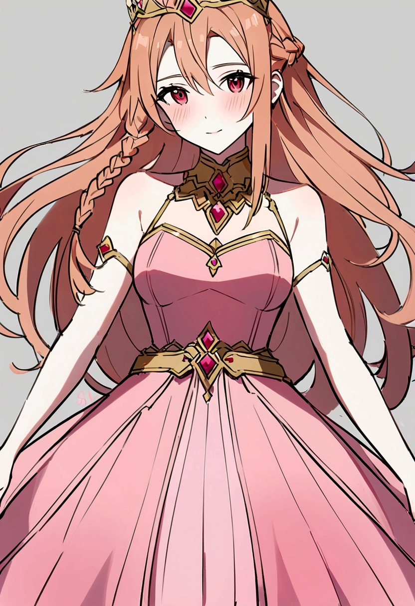 Asuna from Sword Art Online, She wears a beautiful side braid, she wears a pink dress, looks like a queen, imgem 4k, her hair is all in the form of a side braid.