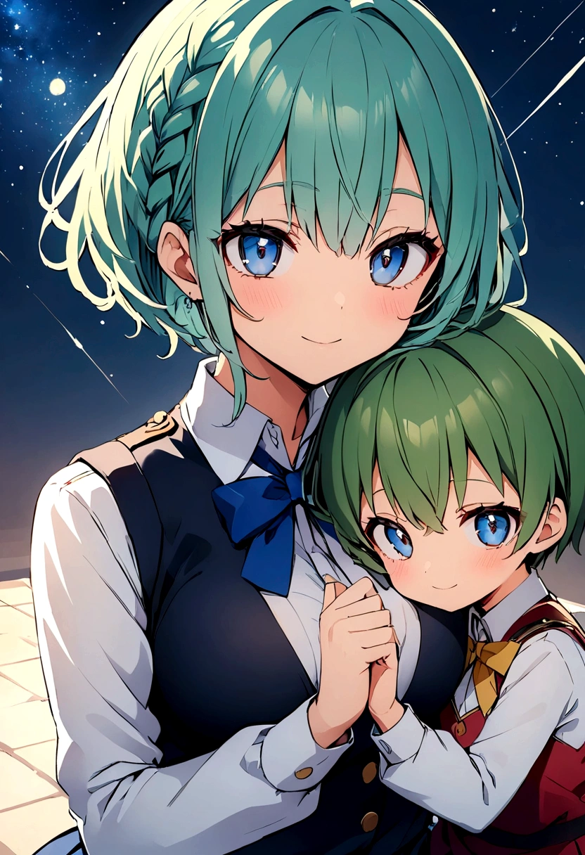 Blue-green hair girl Blue Eyes Short Hair レッサーパンダのstuffed toyはポップで可愛くて小さい Second Dimension anime An illustration vtuber C Cup Warrior uniform military uniform long sleeves Clothes patina Cleavage stuffed toy Embrace Braided Hair Arrangement There is only one character The background is a starry sky like the universe