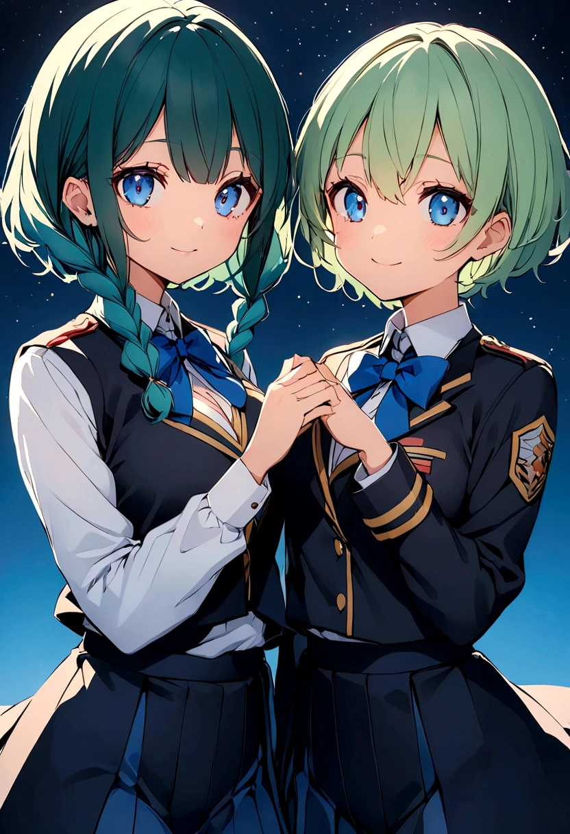 Blue-green hair　girl　Blue Eyes　Short Hair　レッサーパンダのstuffed toyはポップで可愛くて小さい　Second Dimension　anime　An illustration　vtuber　C Cup　Warrior uniform　military uniform long sleeves　Clothes patina　Cleavage　stuffed toy　Embrace　Braided Hair Arrangement　There is only one character　The background is a starry sky like the universe