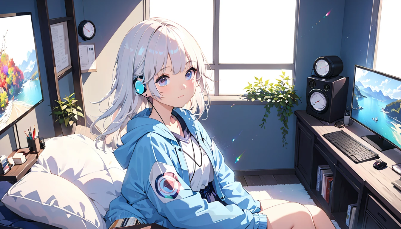 (Absurd:1.1, High resolution:1.1, 超detailed:1.1), 非常にdetailedな, 超detailed hair, (Fine grain:1.4), (Shining Eyes:1.3), thin, positive, cute, Perfectly symmetrical face, narr○w waist, 超cute girl, 超cute face, 超cute, Super beautiful, Beautiful colors, merry (Yanmar gauge),From wlop,((Great quality)), (Beautiful legs), Upper body rest (Beautiful colors,detailed,Highest quality,Great quality,so beautiful), computer, Earphones, Jacket, Jersey, Lighting and Shadows(perspective), Lighting particles, colorful, Masterpiece, Super stylish room,