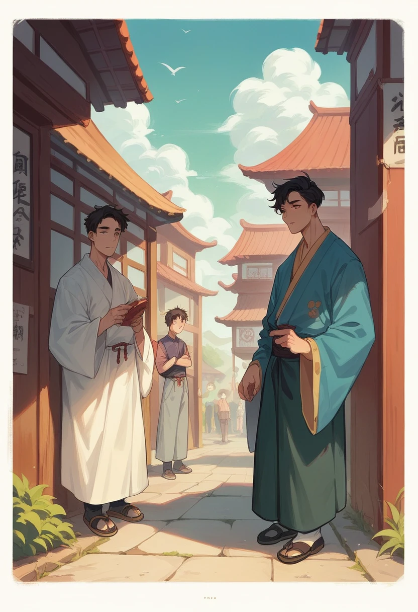 Picture of 2 boys, 1 girl, and a magical grandfather, doing housework with a rural background.  All characters are dressed in traditional Javanese clothing. Javanese nuanced images