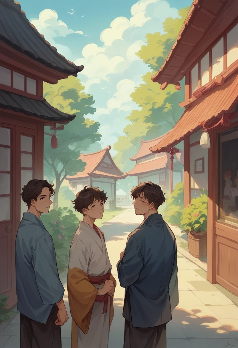 Picture of 2 boys, 1 girl, and a magical grandfather, doing housework with a rural background.  All characters are dressed in traditional Javanese clothing. Javanese nuanced images