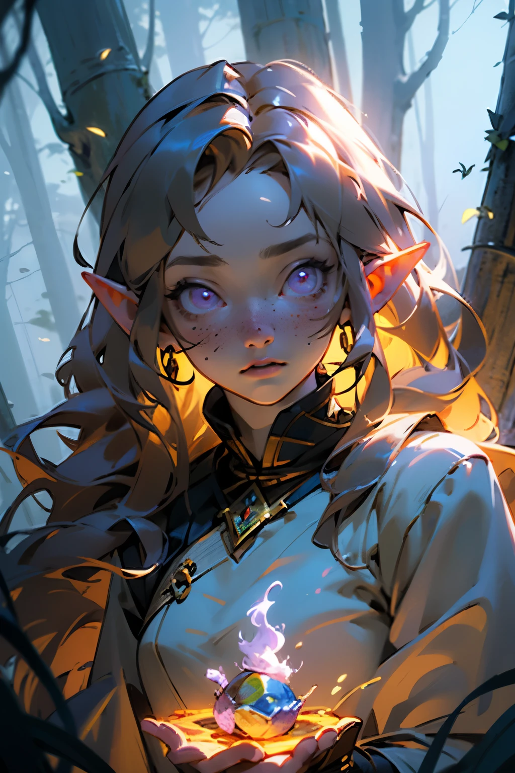 (masterpiece), best quality, expressive eyes, perfect face, magical, fantasy, DnD Character, Young woman, Half-elf, druid, long brown hair, lavender purple eyes, gold accessories, fair skin, pretty, freckles, in forest, druid clothing, magical glowing, magical forest, night time, fire flies