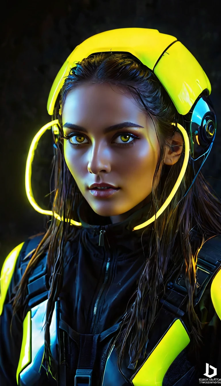 bright yellow eyes, ultra-detailed,vibrant colors,sci-fi,portrait,dramatic lighting,detailed facial features,dark background,long hair,glowing eyes,futuristic clothing,expressionless face,metallic texture,bright highlights,high contrast,radiant colors,artificial intelligence theme,sharp focus,technological elements,shadows and highlights,ethereal glow,neon lights,stormy atmosphere,otherworldly setting,unconventional composition,sharp lines,sleek design,mysterious atmosphere,unearthly beauty,digital enhancements,advanced technology,glowing circuitry,abstract background,ominous presence,subtle reflections,energetic pose,unique perspective,foreshortening effect,symmetrical composition,imposing presence,dynamic energy,striking visual impact,translucent overlays,organic and mechanical fusion.