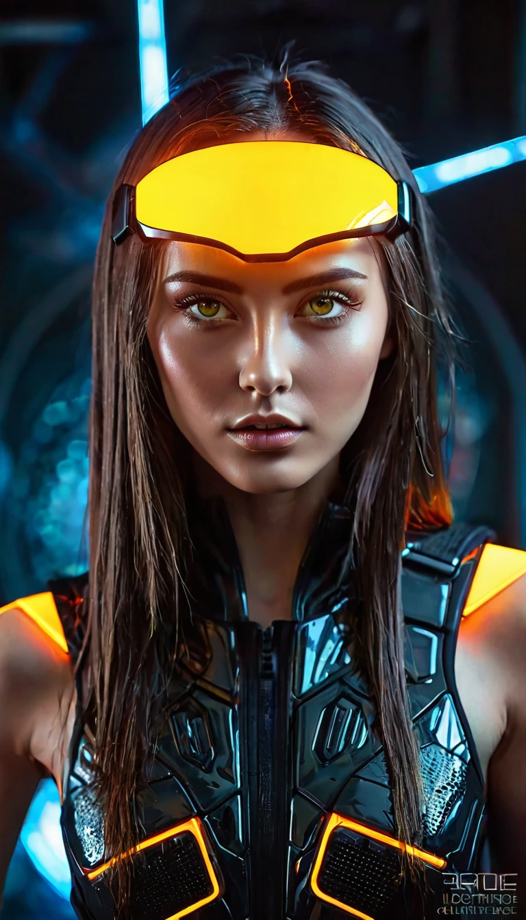 bright yellow eyes, ultra-detailed,vibrant colors,sci-fi,portrait,dramatic lighting,detailed facial features,dark background,long hair,glowing eyes,futuristic clothing,expressionless face,metallic texture,bright highlights,high contrast,radiant colors,artificial intelligence theme,sharp focus,technological elements,shadows and highlights,ethereal glow,neon lights,stormy atmosphere,otherworldly setting,unconventional composition,sharp lines,sleek design,mysterious atmosphere,unearthly beauty,digital enhancements,advanced technology,glowing circuitry,abstract background,ominous presence,subtle reflections,energetic pose,unique perspective,foreshortening effect,symmetrical composition,imposing presence,dynamic energy,striking visual impact,translucent overlays,organic and mechanical fusion.