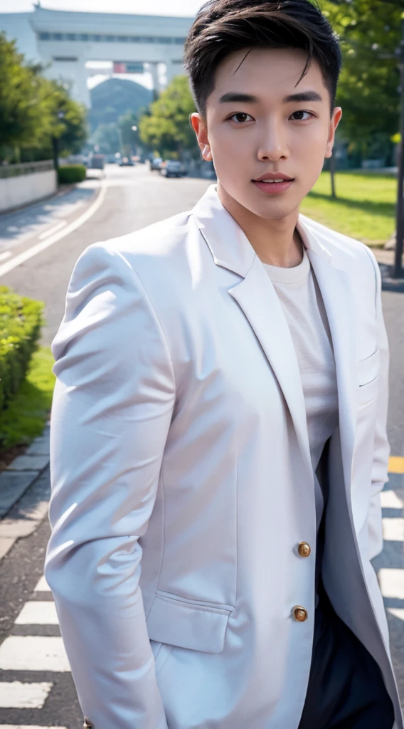 Masterpiece, best quality best, 1 young man, Asian man, East Asian people, one person, The muscles are in good proportion., Posing obscenely, short hair details， white teeth, jacket set, road background, Realistic style，photography，Can be seen from the front, see viewers