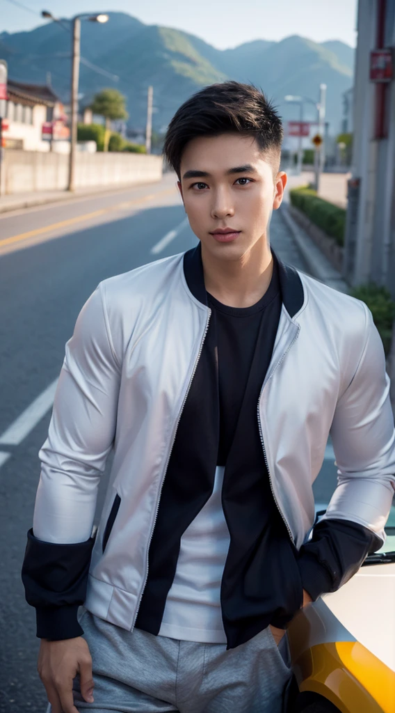 Masterpiece, best quality best, ****ung man, Asian man, East Asian people, one person, The muscles are in good proportion., Posing obscenely, short hair details， white teeth, jacket set, road background, Realistic style，photography，Can be seen from the front, see viewers