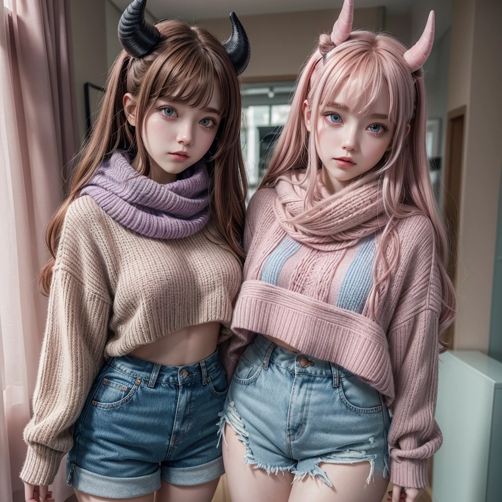 Pale skinned girl, bicolor eyes having one red and one brown, waist-length wavy light brown hair with two black strands, pastel purple sweater, denim shorts, a pink scarf with a blue line in the center on the neck, pink demon horns with pastel blue and pink and pastel blue demon tail