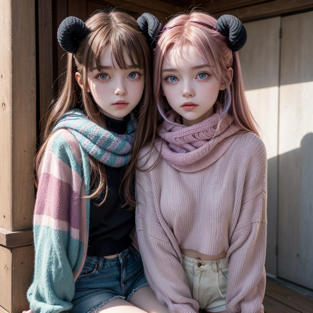 Pale skinned girl, bicolor eyes having one red and one brown, waist-length wavy light brown hair with two black strands, pastel purple sweater, denim shorts, a pink scarf with a blue line in the center on the neck, pink demon horns with pastel blue and pink and pastel blue demon tail