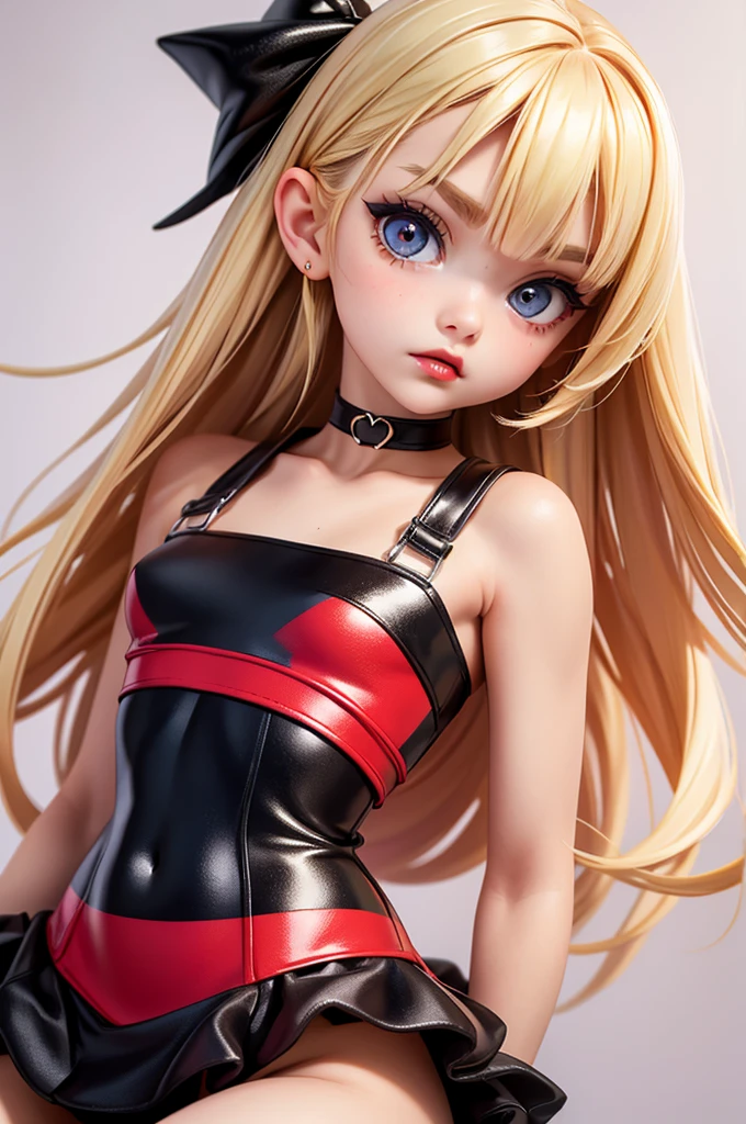 hyperrealistic american teen, blondittle, perfect tiny body, sexy, dark makeup, small choker, perfect slim face, big red lips, very cute face, tiny body, big eyes, young looking, childish looking, two piece tight dress, party
