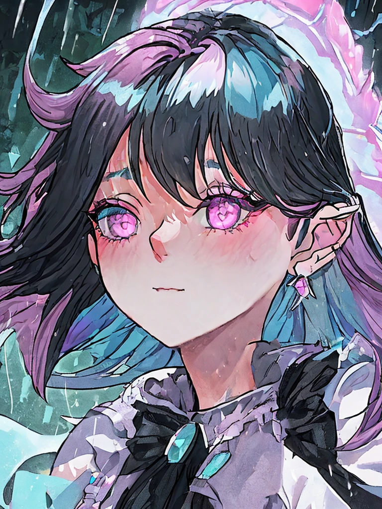 rain,Beauty,High nose,Long eyelashes,目にLight,Pink Lips,Closed Mouth,pastel colour,purple,Dull pink,Dull Blue,heart,Bobcut,Light,Strong winds,Fluttering Hair,Earrings,Smoke a cigarette,bad,cigarette,目にLight,Black Dress,Black lace,Black Hair,Inner color hair