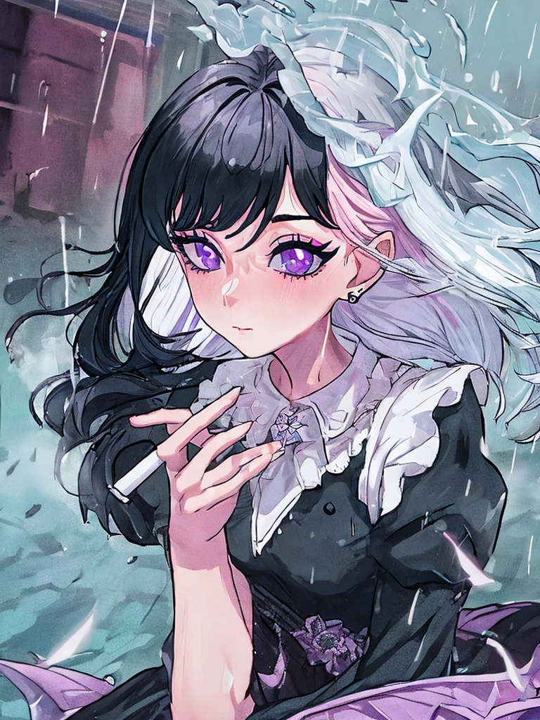 rain,Beauty,High nose,Long eyelashes,目にLight,Pink Lips,Closed Mouth,pastel colour,purple,Dull pink,Dull Blue,heart,Bobcut,Light,Strong winds,Fluttering Hair,Earrings,Smoke a cigarette,bad,cigarette,目にLight,Black Dress,Black lace,Black Hair,Inner color hair