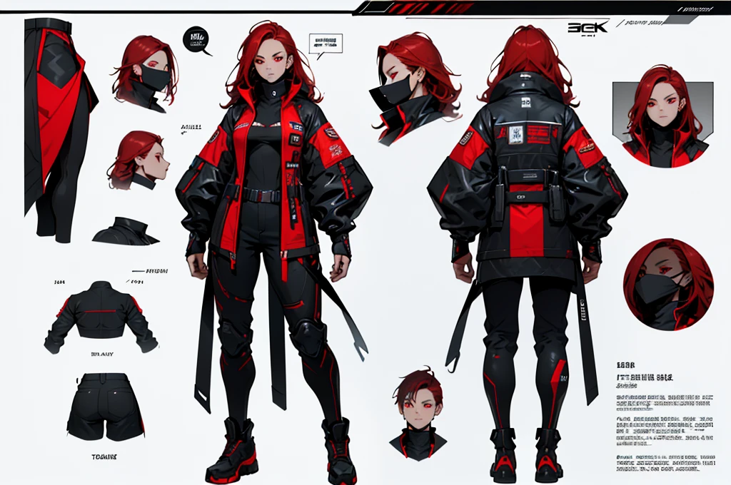 (character design plug, character reference sheet, concept art, same character, front, side, back) ( masterpiece, best quality, detailed face, super detailed, advanced details, highest quality, high resolution, 8K) White skin woman, female, badass, mysterious, long red hair, bright red eyes, futuristic black jacket, black techwear clothes, beautiful
