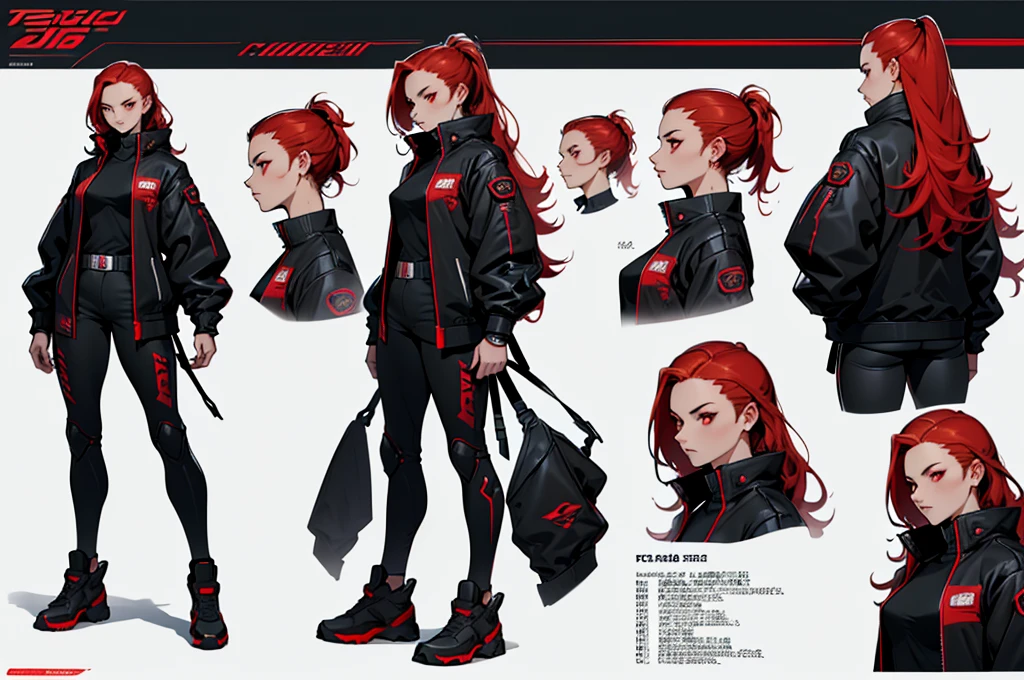 (character design plug, character reference sheet, concept art, same character, front, side, back) ( masterpiece, best quality, detailed face, super detailed, advanced details, highest quality, high resolution, 8K) White skin woman, female, badass, mysterious, long red hair, bright red eyes, futuristic black jacket, black techwear clothes, beautiful