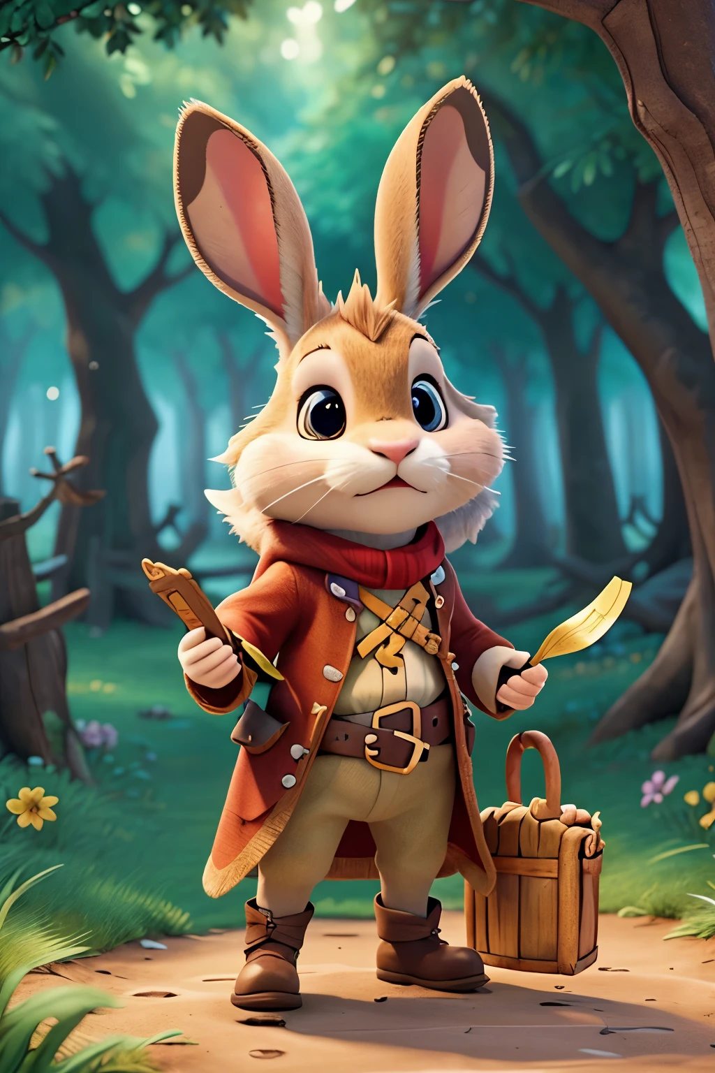 create an image of a brave rabbit with a treasure map in an enchanted forest for an ebook 