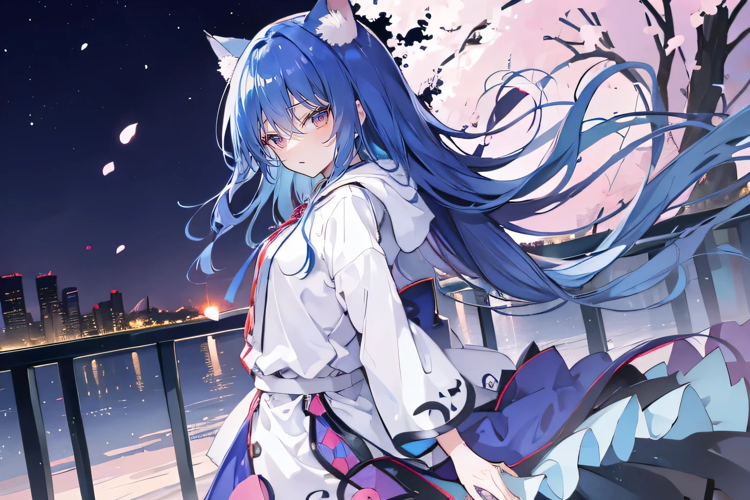 （masterpiece：1.2），Super detailed，lifelike，Expressive eyes，fair skin，perfect face shape，1 girl，
Japanese comics,Gorgeous blue hair,flowing blue hair,flowing clothes,Cat ears,Petals fall,beautiful lola,Baby Angel,
Shaking head with one hand，Cross your legs，Gentle and peaceful background，The pavilion is cool and comfortable,smile, wearing hoodie, background of tokyo,back views,snowing.