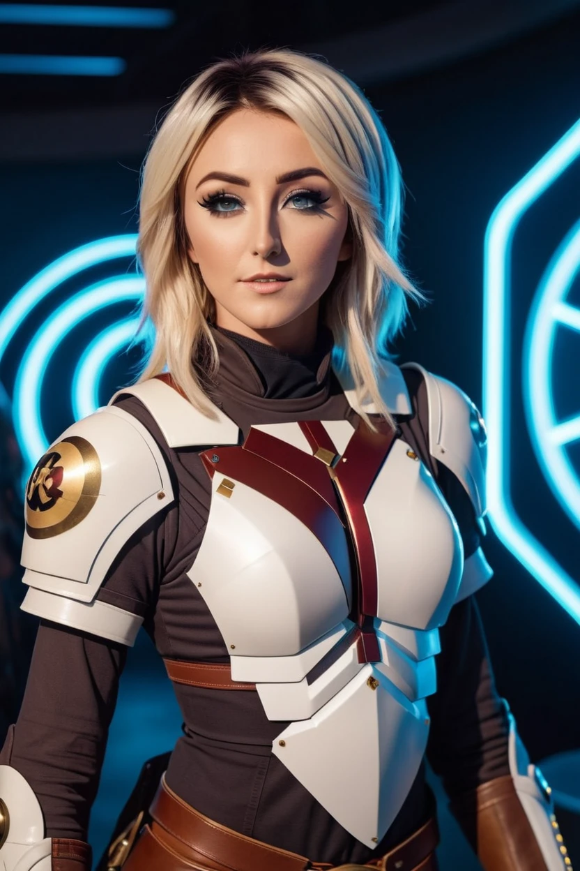 cinematic photo a photograph of a blonde Jessica Nigri wearing armor at observatory. 35mm photograph, film, bokeh, professional, shot by david lachapelle, 4k, highly detailed