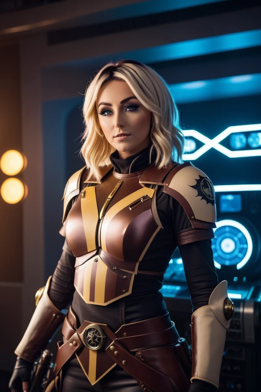 cinematic photo a photograph of a blonde Jessica Nigri wearing armor at observatory. 35mm photograph, film, bokeh, professional, shot by david lachapelle, 4k, highly detailed