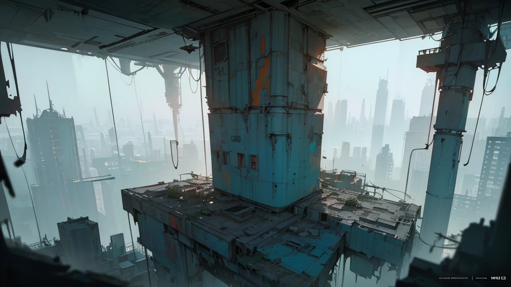 a futuristic and abandoned cosmodrome lounge, high angle view, cyberpunk style, detailed architectural interior, cracked concrete walls, broken windows, industrial machinery, neon lights, moody lighting, dystopian atmosphere, intricate details, chipped paint, decaying environment, (best quality,4k,8k,highres,masterpiece:1.2),ultra-detailed,(realistic,photorealistic,photo-realistic:1.37)