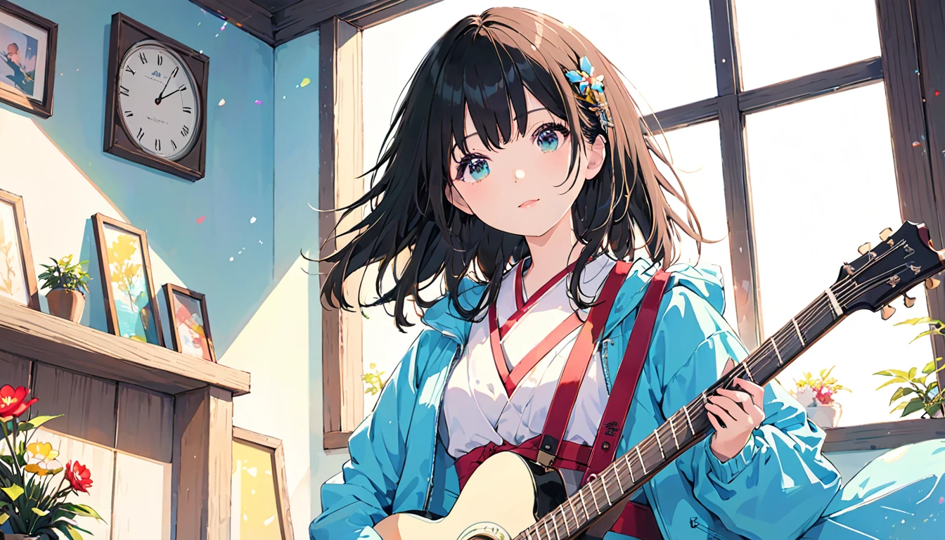 (Absurd:1.1, High resolution:1.1, 超detailed:1.1), 非常にdetailedな, 超detailed hair, (Fine grain:1.4), (Shining Eyes:1.3), thin, happy, positive, cute, Perfectly symmetrical face, narr○w waist, 超cute girl, 超cute face, 超cute, Super beautiful, Beautiful colors, merry (Yanmar gauge),From wlop,((Great quality)), (Beautiful chest), Are standing, Upper body rest (Beautiful colors,detailed,Highest quality,Great quality,so beautiful), guitar, Jacket, Stylish clothes, Lighting and Shadows(perspective), Lighting particles, colorful, Masterpiece, Super stylish room,