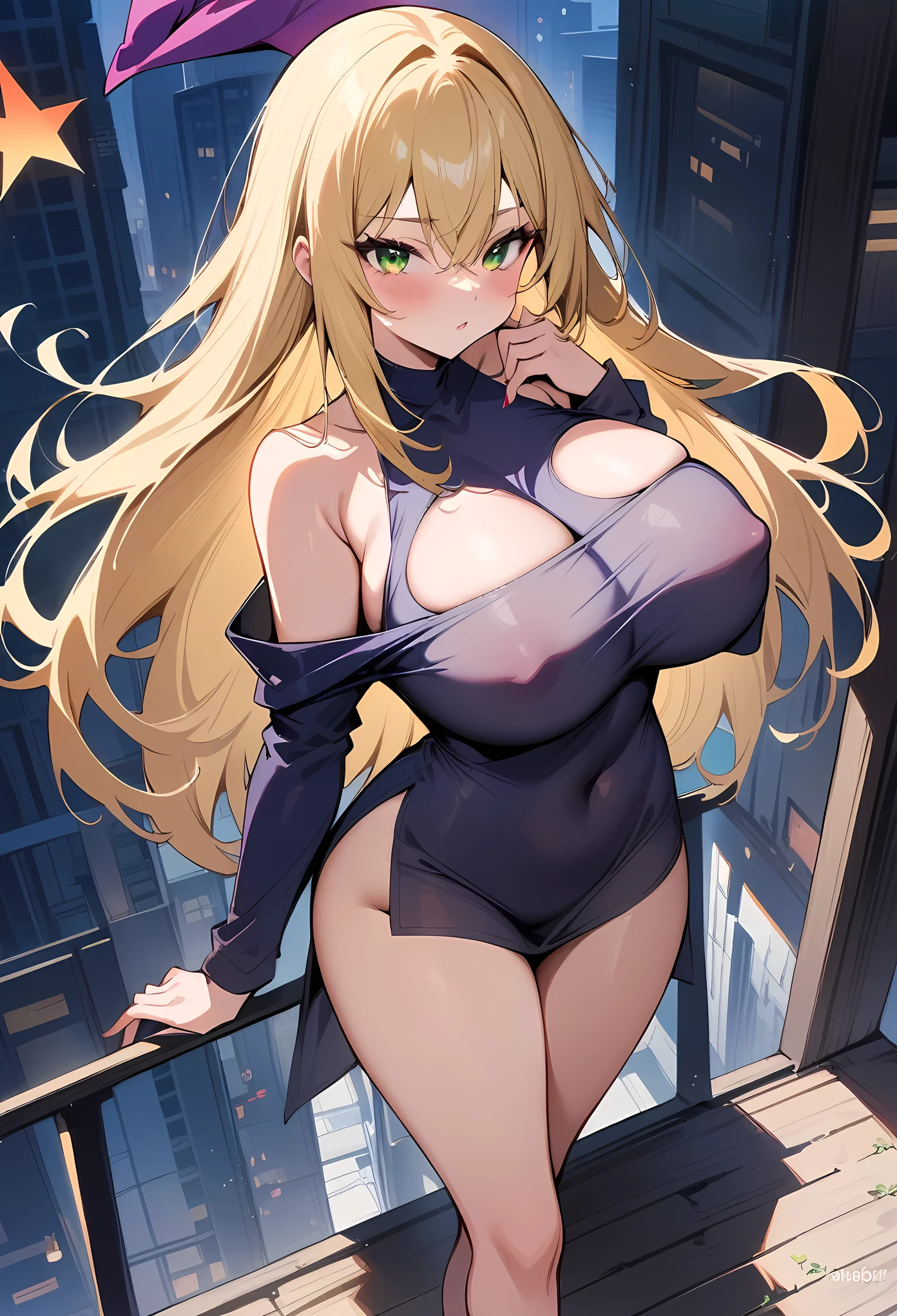 masterpiece, best quality, very aesthetic, absurdres, newest,1girl,naked_shirt, covered_nipples, ,dark_magician_girl, yu-gi-oh!, 1girl, bare_shoulders, blonde_hair, green_eyes, large_breasts, long_hair, witch_hat,,,on the rooftop of a tall building