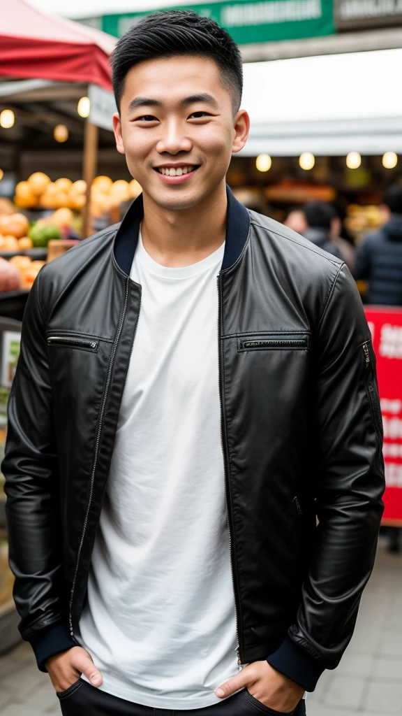 Masterpiece, best quality best, ung man, Asian man, East Asian people, one person, The muscles are in good proportion., Posing obscenely, short hair details, white teeth, jacket set, market background, Realistic style,photography,Can be seen from the front, see viewers
