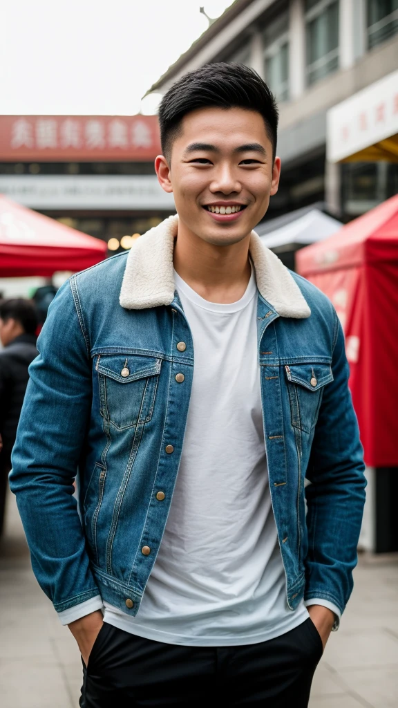Masterpiece, best quality best, 1 young man, Asian man, East Asian people, one person, The muscles are in good proportion., Posing obscenely, short hair details, white teeth, jacket set, market background, Realistic style,photography,Can be seen from the front, see viewers