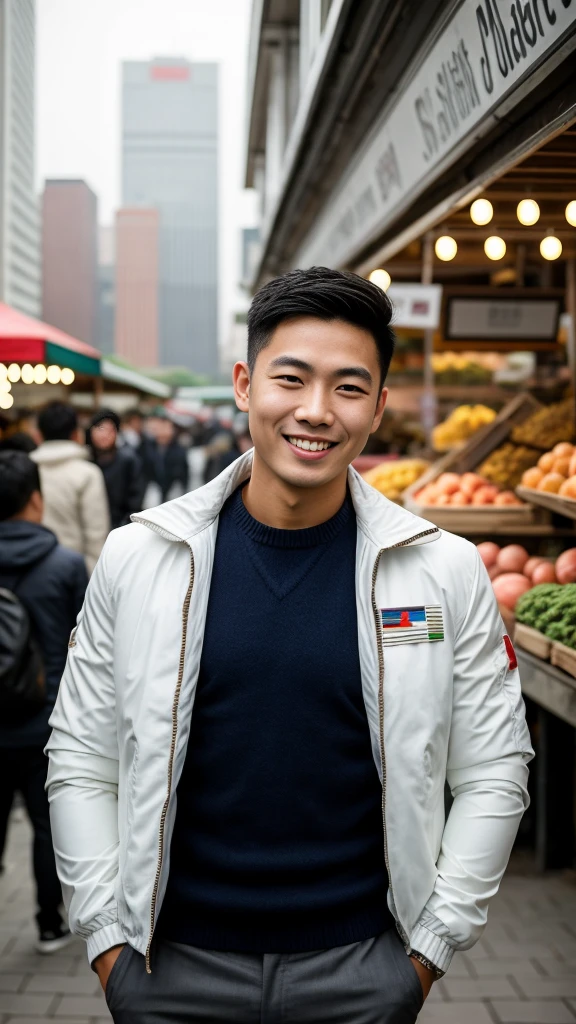 Masterpiece, best quality best, 1 young man, Asian man, East Asian people, one person, The muscles are in good proportion., Posing obscenely, short hair details, white teeth, jacket set, market background, Realistic style,photography,Can be seen from the front, see viewers