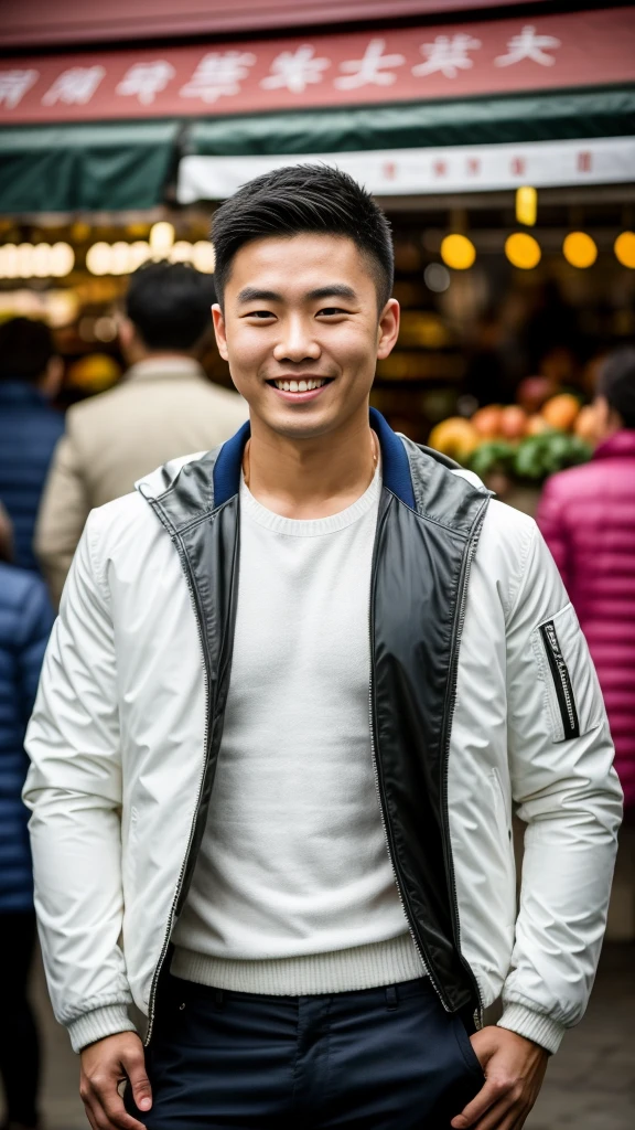 Masterpiece, best quality best, 1 young man, Asian man, East Asian people, one person, The muscles are in good proportion., Posing obscenely, short hair details， white teeth, jacket set, market background, Realistic style，photography，Can be seen from the front, see viewers