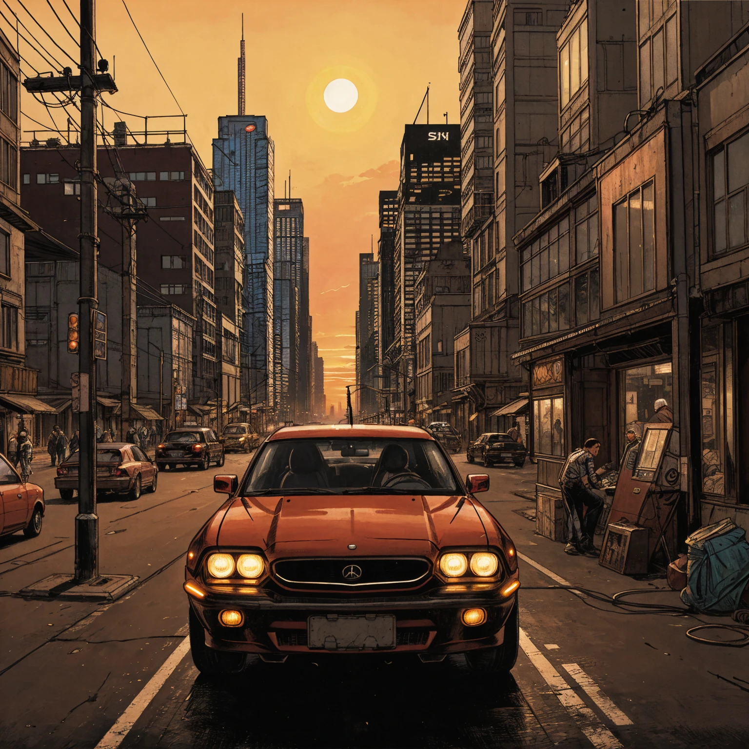 realistic illustration, sunset, cyberpunk city, flying cars, intricate details, cinematic