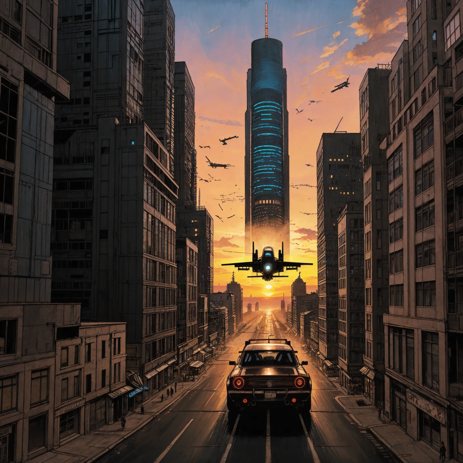 realistic illustration, sunset, cyberpunk city, flying cars, intricate details, cinematic