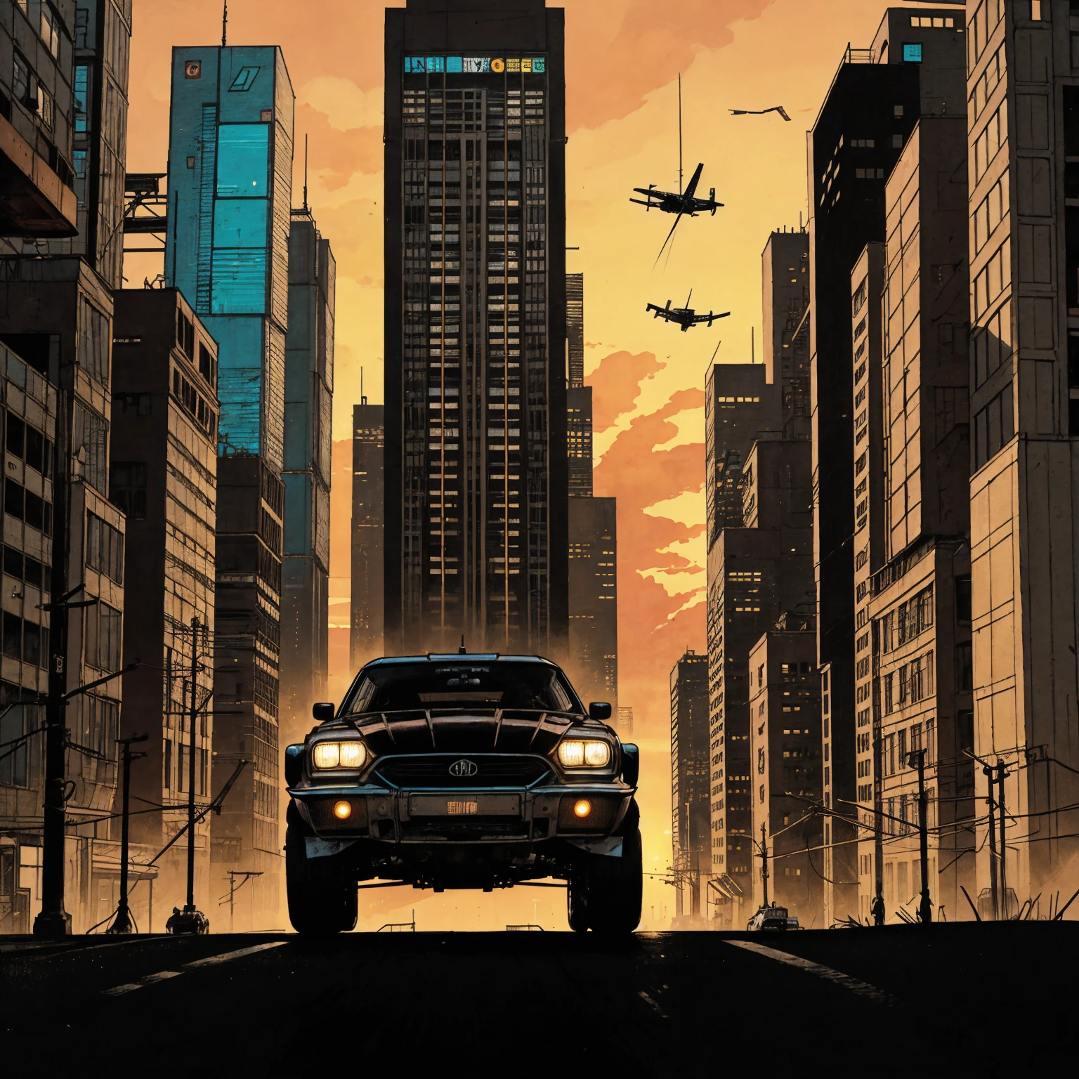 realistic illustration, sunset, cyberpunk city, flying cars, intricate details, cinematic