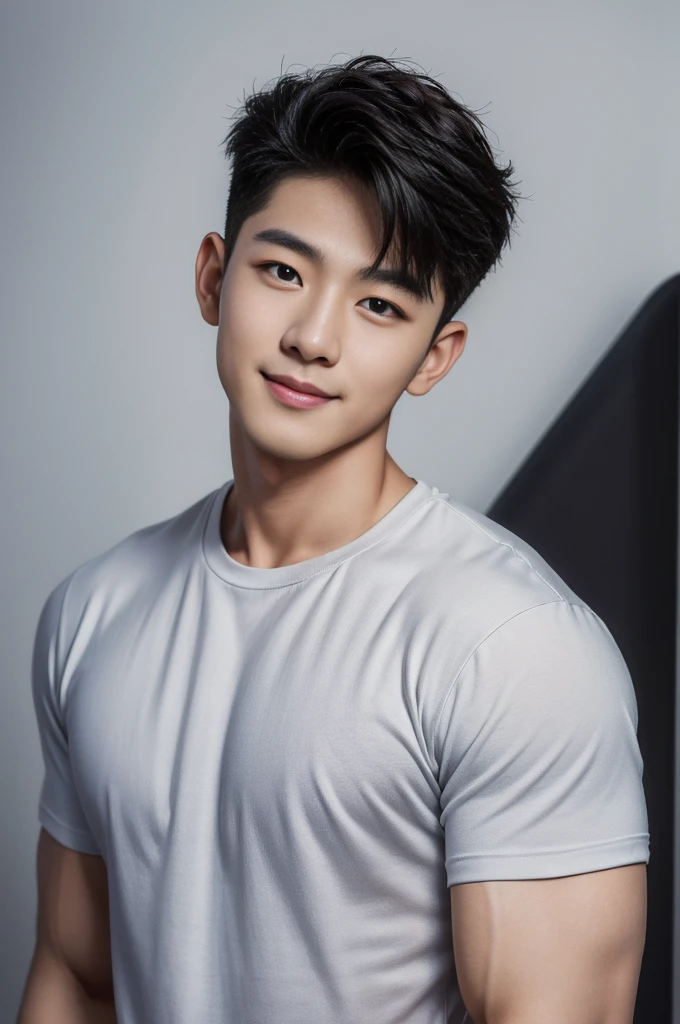 ((Highest quality, 8K, Masterpiece: 1.3))、Cool Korean guy, 1A man who has、 yo、Good appearance、Beautiful nose、smile、 Detailed eyes and face、beautiful light、(studio)、high resolution、(Look at the viewer.)、Fine mouth、smile、whole body: 1.5, perfect shape: 1.3, Picture of both shoulders:1.3, Gray round neck t-shirt:1.5