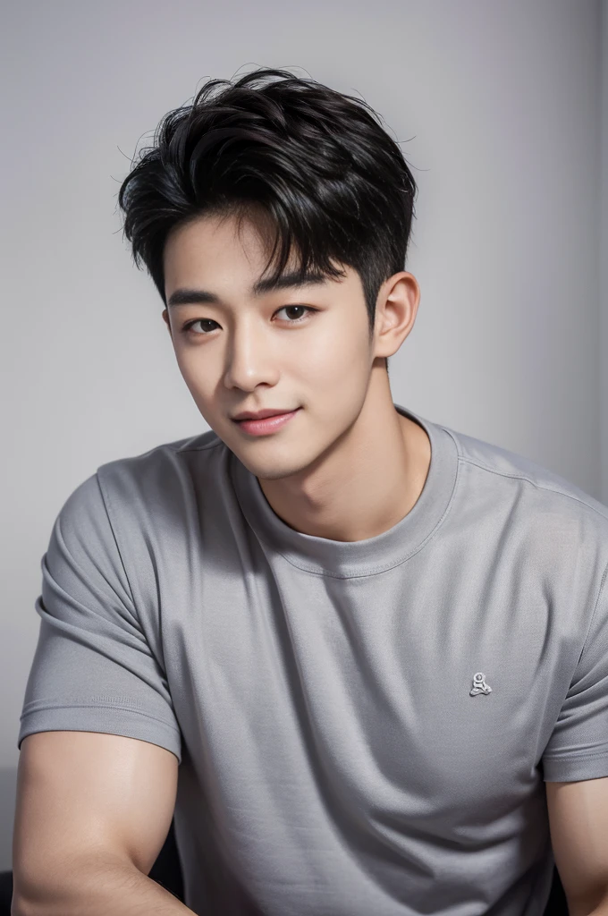((Highest quality, 8K, Masterpiece: 1.3))、Cool Korean guy, 1A man who has、 yo、Good appearance、Beautiful nose、smile、 Detailed eyes and face、beautiful light、(studio)、high resolution、(Look at the viewer.)、Fine mouth、smile、whole body: 1.5, perfect shape: 1.3, Picture of both shoulders:1.3, Gray round neck t-shirt:1.5
