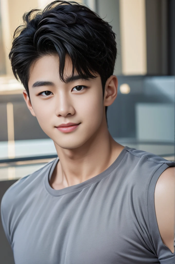 ((Highest quality, 8K, Masterpiece: 1.3))、Cool Korean guy, 1A man who has、 yo、Good appearance、Beautiful nose、smile、 Detailed eyes and face、beautiful light、(studio)、high resolution、(Look at the viewer.)、Fine mouth、smile、whole body: 1.5, perfect shape: 1.3, Picture of both shoulders:1.3, Gray round neck t-shirt:1.5