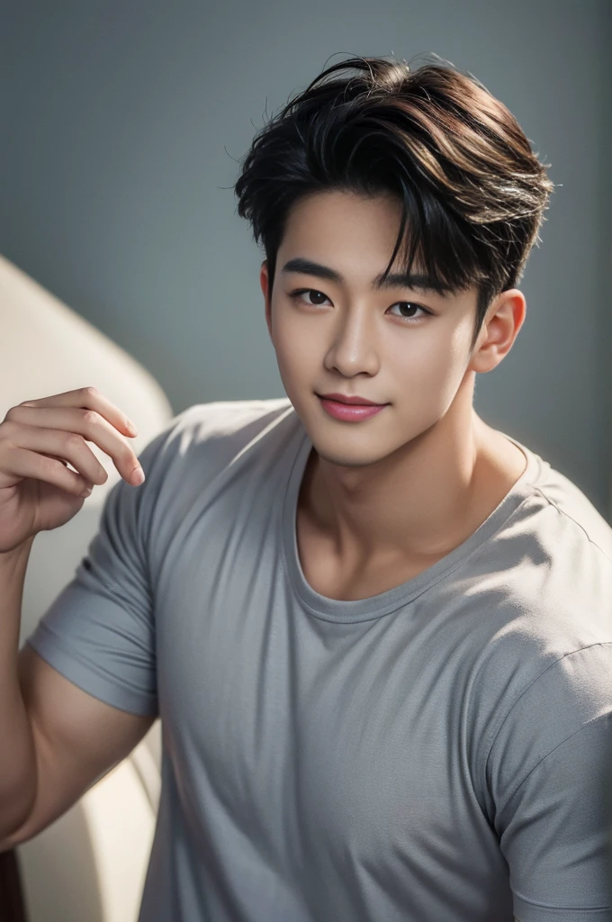 ((Highest quality, 8K, Masterpiece: 1.3))、Cool Korean guy, 1A man who has、 yo、Good appearance、Beautiful nose、smile、 Detailed eyes and face、beautiful light、(studio)、high resolution、(Look at the viewer.)、Fine mouth、smile、whole body: 1.5, perfect shape: 1.3, Picture of both shoulders:1.3, Gray round neck t-shirt:1.5
