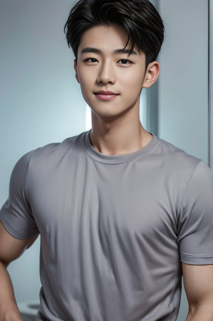((Highest quality, 8K, Masterpiece: 1.3))、Cool Korean guy, １A man who has、 yo、Good appearance、Beautiful nose、smile、 Detailed eyes and face、beautiful light、(studio)、high resolution、（Look at the viewer.）、Fine mouth、smile、whole body: 1.5, perfect shape: 1.3, Picture of both shoulders:1.3, Gray round neck t-shirt:1.5