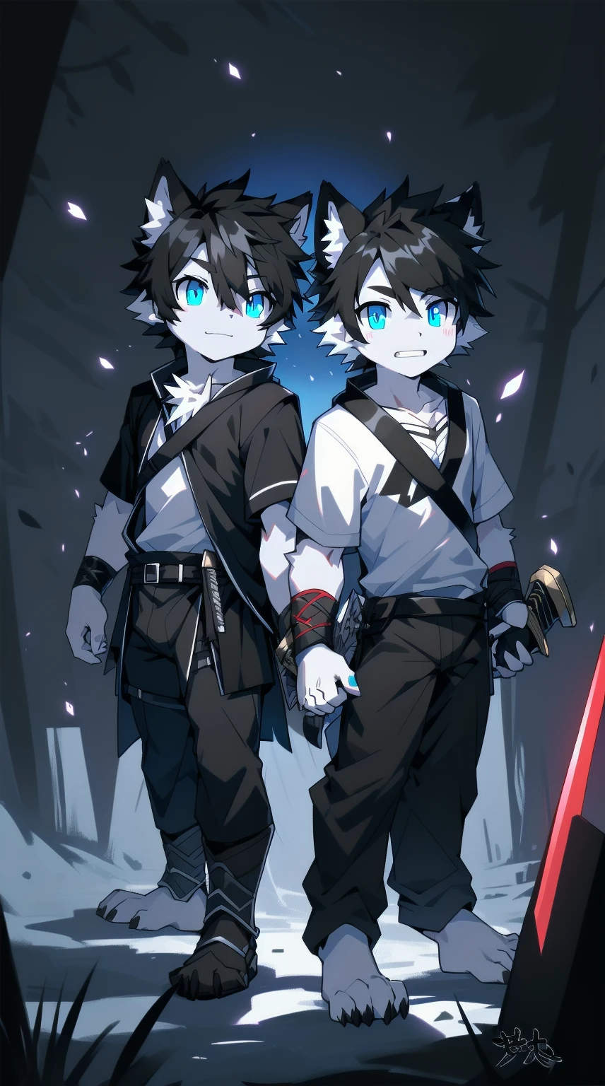 White Wolf，black hair，Sky blue eyes，hairy，Wolf ears，Wolf tail，Full body portrait，The character is in the center of the frame，Handsome，Confident eyes，male，juvenile，Black and white combat uniform，Red neck bib，Black shorts，Short sleeve，hairy arms and legs，Dark background，Dark battlefield，dawn，sunrise，dawn，illumination，shadow，Swordsman，Scabbard and sword，Hold the hilt of a sword in your hand，The scabbard is at the waist，Highest quality