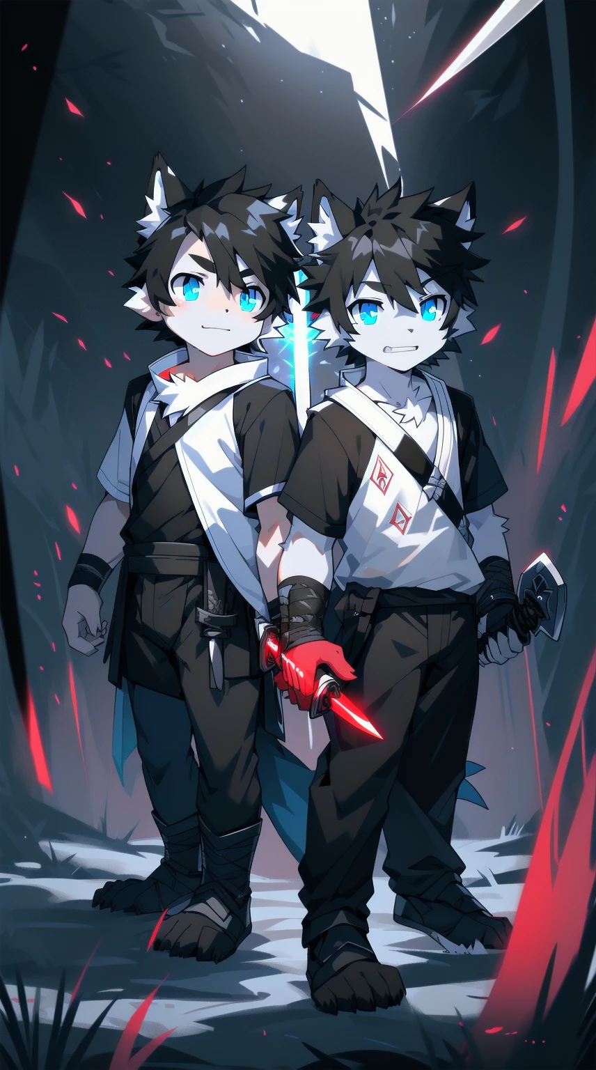 White Wolf,black hair,Sky blue eyes,hairy,Wolf ears,Wolf tail,Full body portrait,The character is in the center of the frame,Handsome,Confident eyes,male,juvenile,Black and white combat uniform,Red neck bib,Black shorts,Short sleeve,hairy arms and legs,Dark background,Dark battlefield,dawn,sunrise,dawn,illumination,shadow,Swordsman,Scabbard and sword,Hold the hilt of a sword in your hand,The scabbard is at the waist,Highest quality