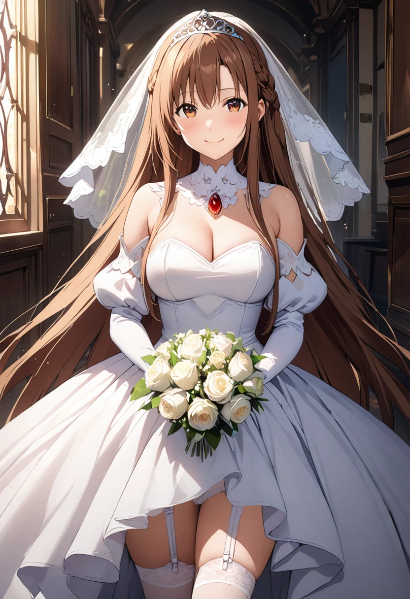 Highest quality、Super detailed、High resolution illustrations、Ultra-high-definition CG、8k size wallpaper、Production Art、Light novel illustrations、(1People Girls)、asuna yuuki, long hair, bangs, brown hair, brown eyes, very long hair, braid、dress, bare shoulders, detached sleeves, white dress, A smile full of happiness、Puff sleeves、Wedding Veil、tiara、Cleavage cutouts、Red brooch、Wedding dress、White Dress、White Gloves、Long skirt、Garter belt under skirt、White Stockings、White stiletto heels、Holding a bouquet in both hands、Full Body、hyperrealistic、(spoken heart)
