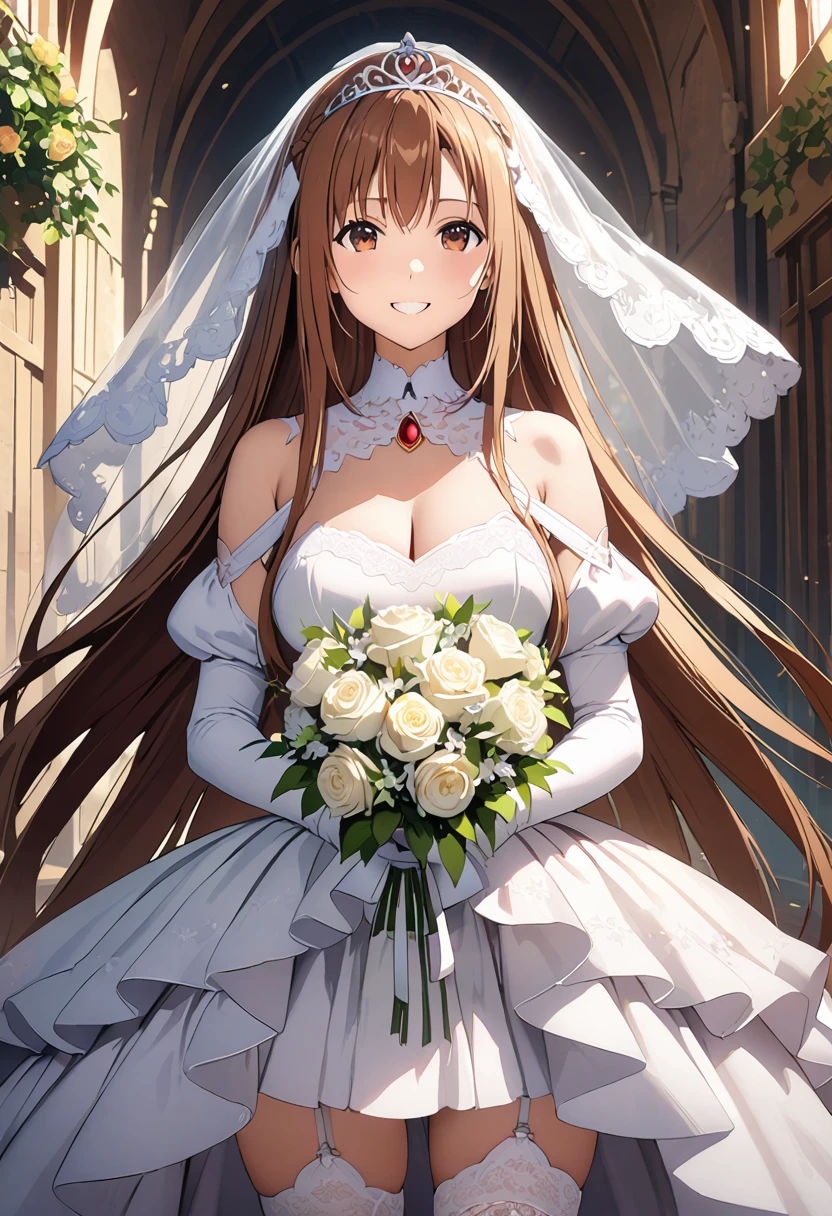 Highest quality、Super detailed、High resolution illustrations、Ultra-high-definition CG、8k size wallpaper、Production Art、Light novel illustrations、(1People Girls)、asuna yuuki, long hair, bangs, brown hair, brown eyes, very long hair, braid、dress, bare shoulders, detached sleeves, white dress, A smile full of happiness、Puff sleeves、Wedding Veil、tiara、Cleavage cutouts、Red brooch、Wedding dress、White Dress、White Gloves、Long skirt、Garter belt under skirt、White Stockings、White stiletto heels、Holding a bouquet in both hands、Full Body、hyperrealistic、(spoken heart)
