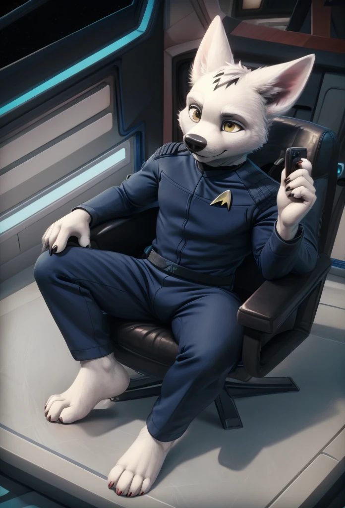 (((Barefoot furry character, full body, cinematic setting, furry male, plantigrade))) 

(((Bolt))) (anthro dog with white fur, very cute and young looking face, big black snout), exudes confidence and authority as he sits in the captain's chair, and his (((Star Trek uniform))) with the Starfleet Delta badge on his chest is a perfect match for his muscular figure. Handsome clawed feet paws dominate the bridge of the star ship and its crew. ((Bridge of Star Trek starship with many screens and consoles as background)), futuristic look, metalic. anatomically correct, dark blue jumpsuit, yellow piping on shoulders

BREAK, intricate details, highly detailed, extreme detail, octane render, fine art, best quality, highres, (detailed face:1.5), ((full_body)), UHD, (((perfect hands))), low light