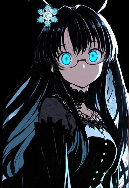 Anime Girls with blue eyes and black hair with a white flower in her hair, Anime Moe Art Style, gothic maiden Anime Girls, Her eyes have black anime pupils, With glowing eyes, 1 7  anime goth girl, Anime Girls wearing a black dress, With ghostly eyes and glasses, With big bright sad eyes, Glowing blue eyes, (Anime Girls)　Red Batten