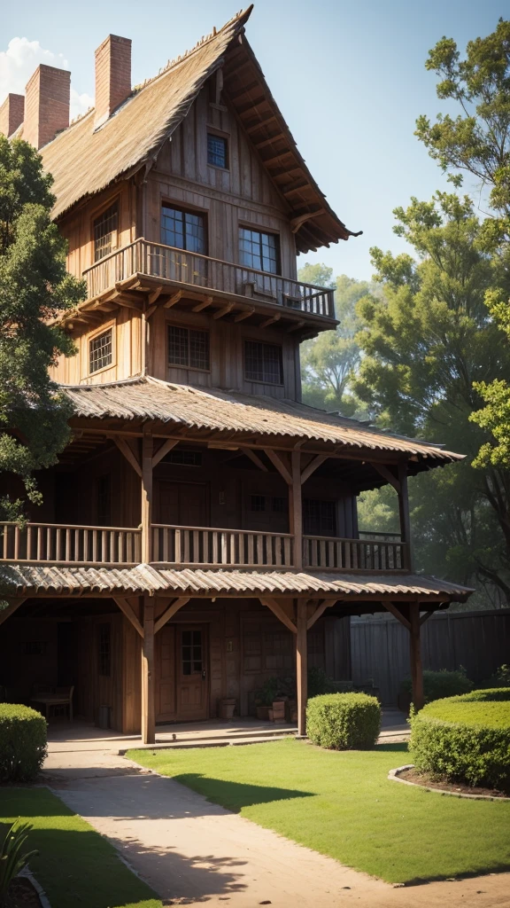 An eight-story mud house and in front there was a large yard with a tree.
