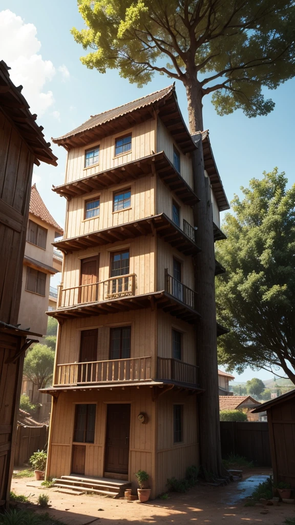 An eight-story mud house and in front there was a large yard with a tree.