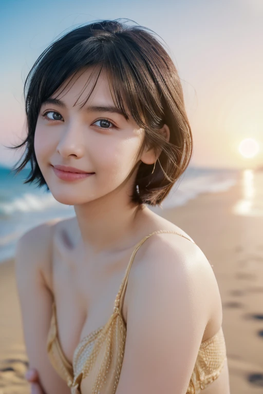 (award winning, 8k, super detailed, high resolution, best quality, photography, portrait), 1girl, solo, beautiful girl, beautiful eyes, detailed eyes, (black eye), ((short hair)), black hair, at the beach, POV, (arms wide open pose), smiley, ocean breeze, sunlight, sunset, sand, rear