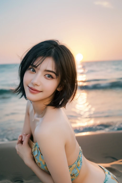 (award winning, 8k, super detailed, high resolution, best quality, photography, portrait), 1girl, solo, beautiful girl, beautiful eyes, detailed eyes, (black eye), ((short hair)), black hair, at the beach, POV, (arms wide open pose), smiley, ocean breeze, sunlight, sunset, sand, rear