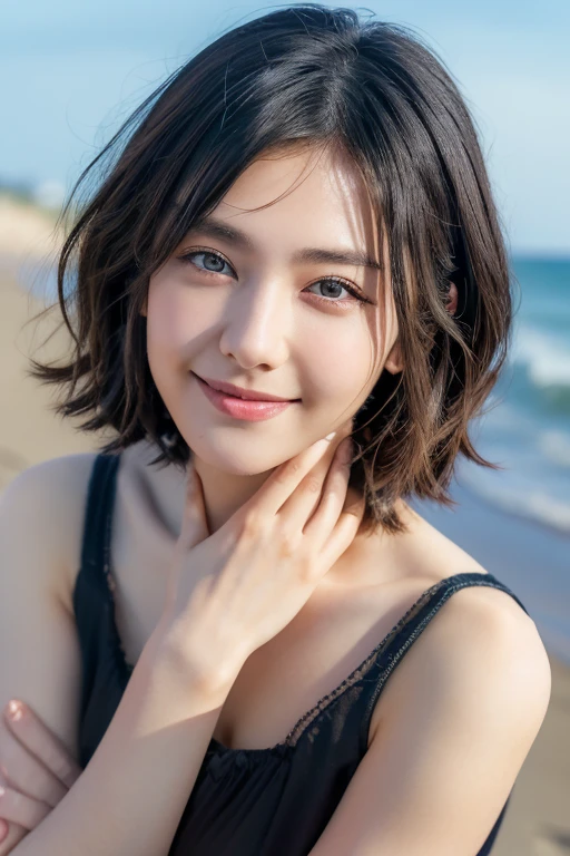 (award winning, 8k, super detailed, high resolution, best quality, photography, portrait), 1girl, solo, beautiful girl, beautiful eyes, detailed eyes, (black eye), ((short hair)), black hair, at the beach, POV, (arms wide open pose), smiley, ocean breeze, sunlight, sunset, sand, rear