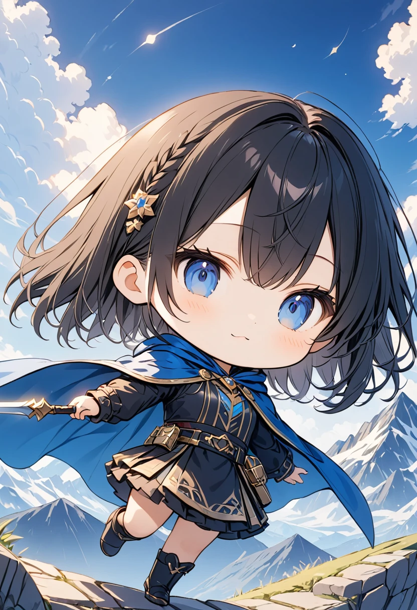 超High resolution, Attention to detail, high quality, High resolution, 最high quality, 4K, 8K, Awards, (artwork)、Clear sky、cute、Black Hair、short、hair ornaments、A work that emphasizes the sky and blue、posters、(Costumes of fantasy world:1.2)、(Blue Cape:1.37),(Chibi Character:1.4)